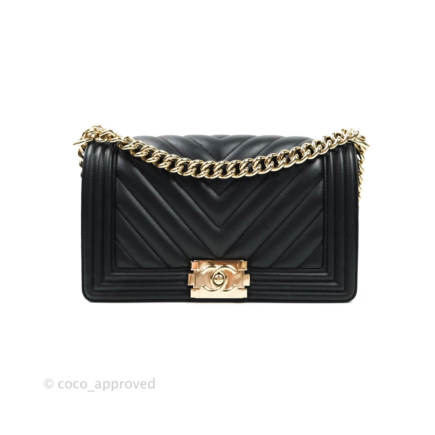 Chanel Chevron Medium Boy Bag Black Calfskin Gold Hardware