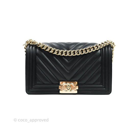 Chanel Chevron Medium Boy Bag Black Calfskin Gold Hardware