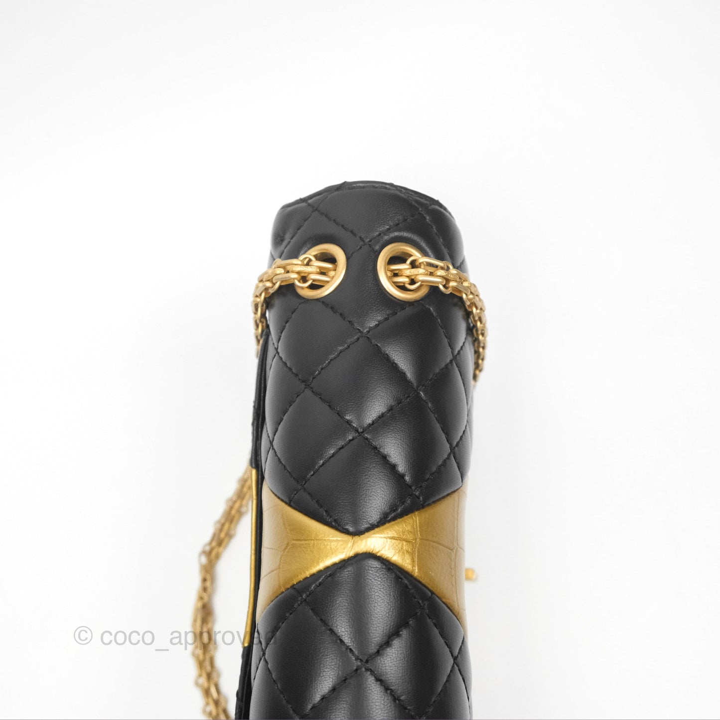 Chanel Reissue 2.55 Metallic Gold Crocodile Embossed Calfskin And Black Quilted Lambskin Aged Gold Hardware