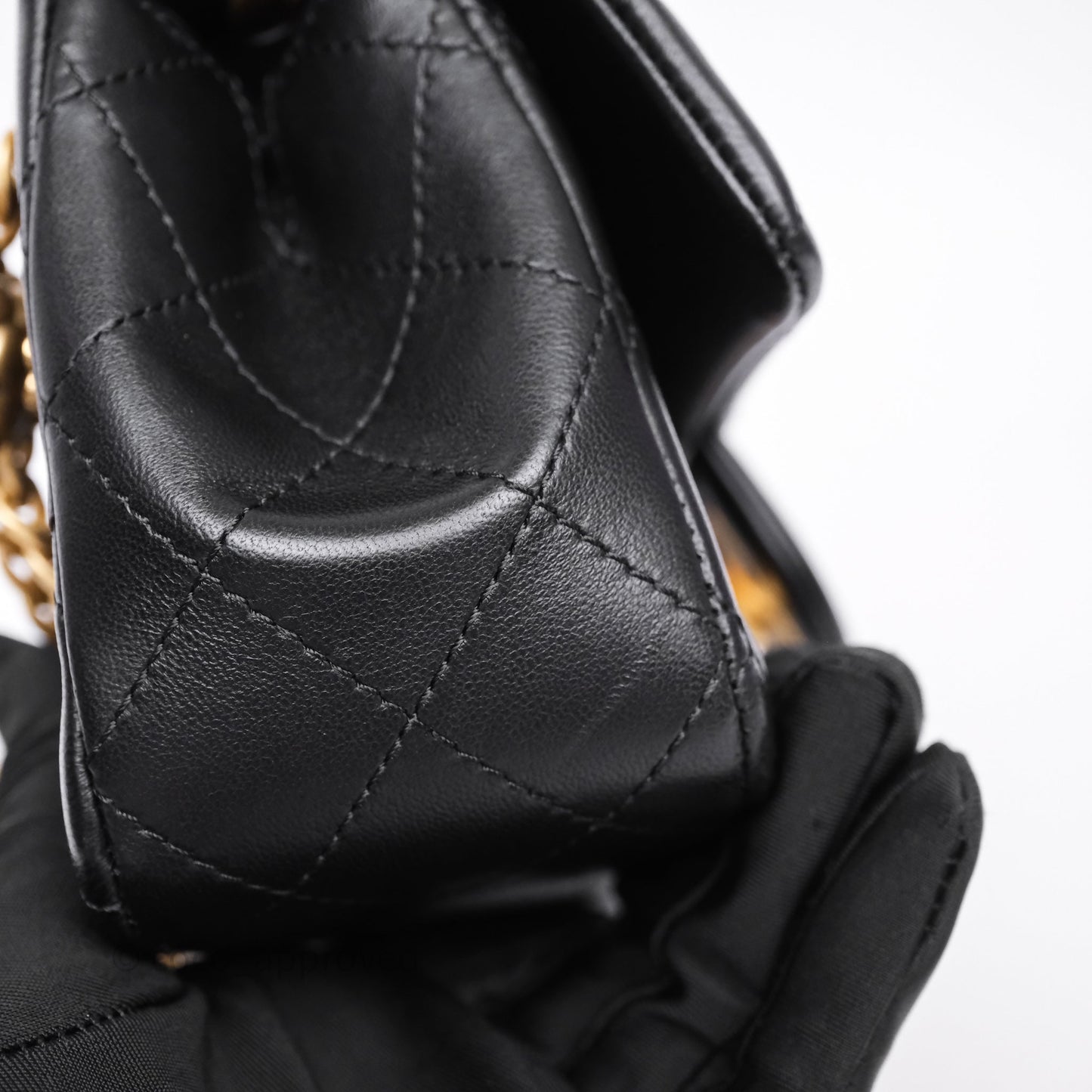 Chanel Mini Rectangular Flap with Camellia Adjustable Chain Black Lambskin Aged Gold Hardware