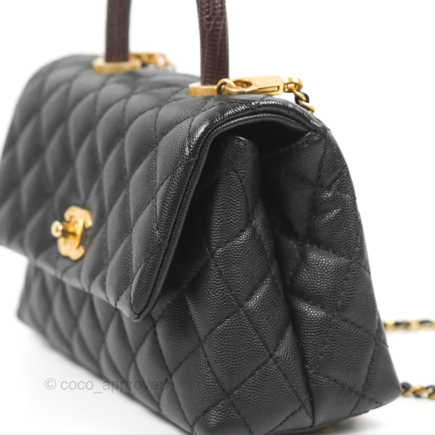 Chanel Small Coco Handle Quilted Black Caviar Aged Gold Hardware Lizard Handle