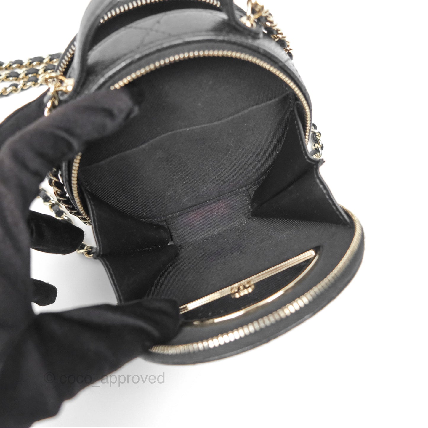 Chanel Mini Round Vanity Bag Handle With Care Black Caviar 22C