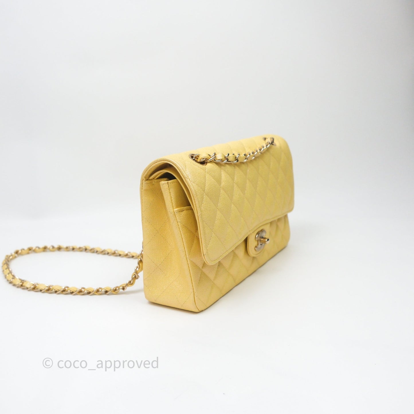 Chanel Classic M/L Medium Flap Quilted Iridescent Yellow Caviar Gold Hardware