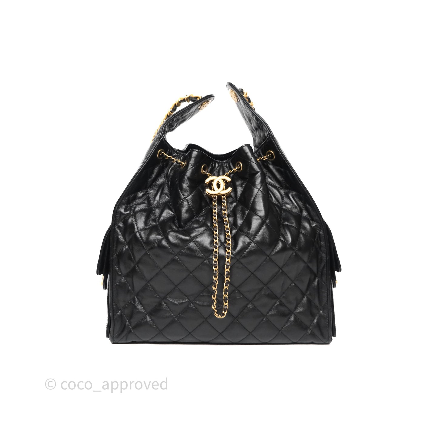 Chanel 25 Medium Black Crumpled Calfskin Aged Gold Hardware