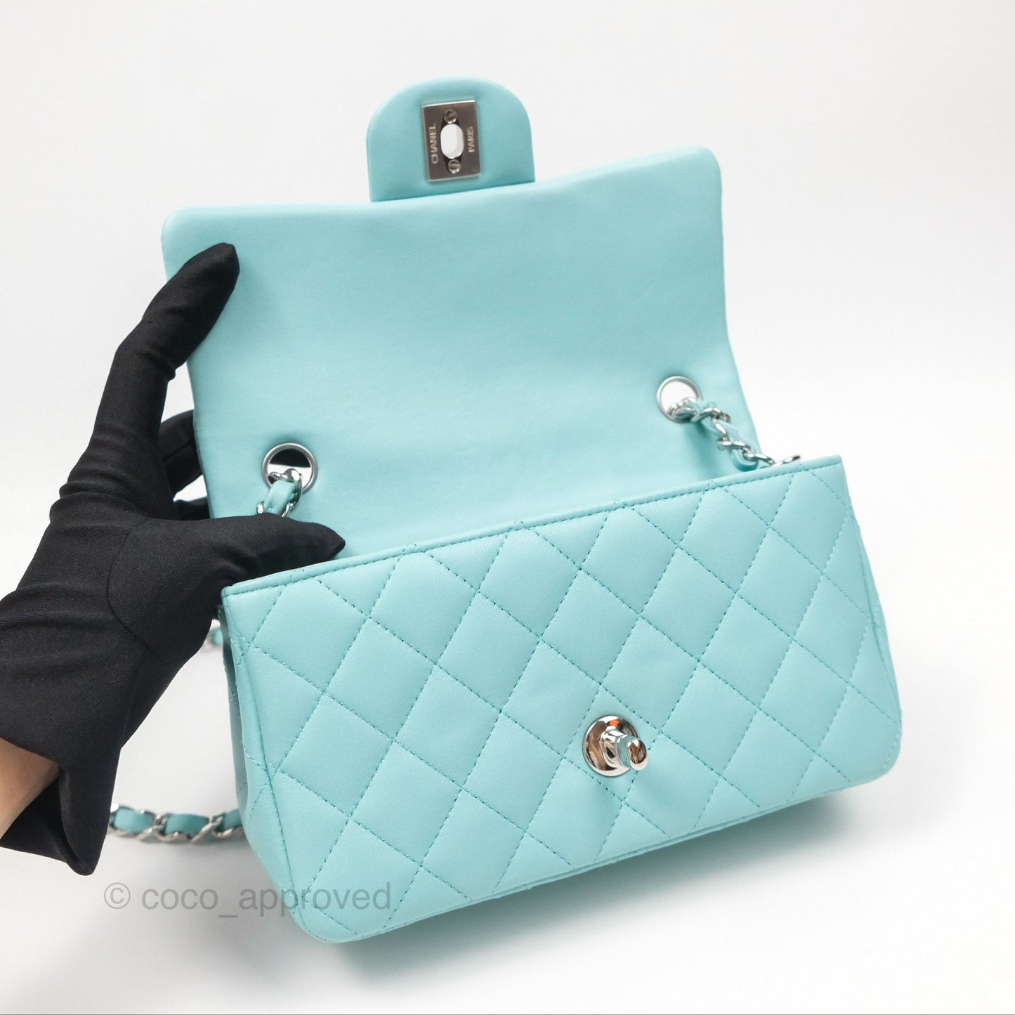 Chanel Quilted Mini Rectangular Flap Tiffany Blue Lambskin Silver Hardware