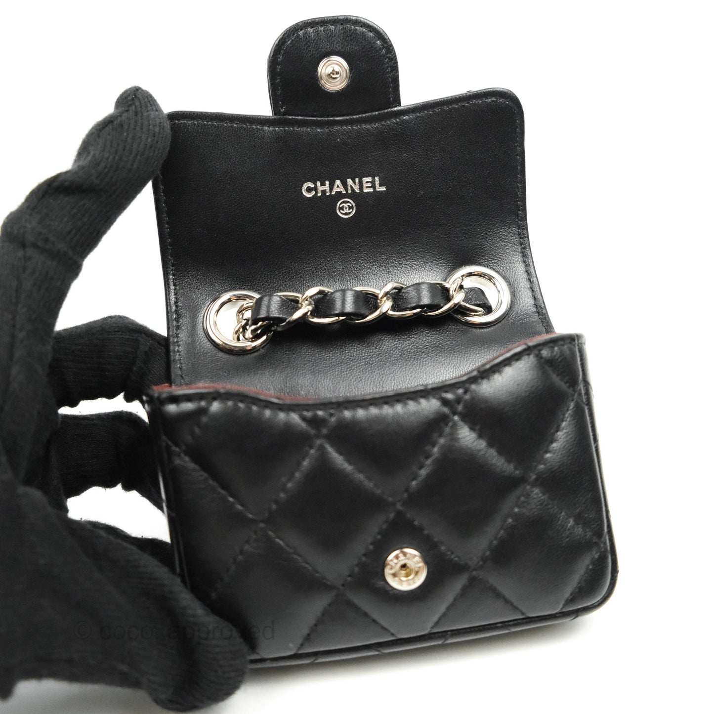 Chanel Mini Card Holder Chain Belt Bag Black Lambskin Silver Hardware 21B