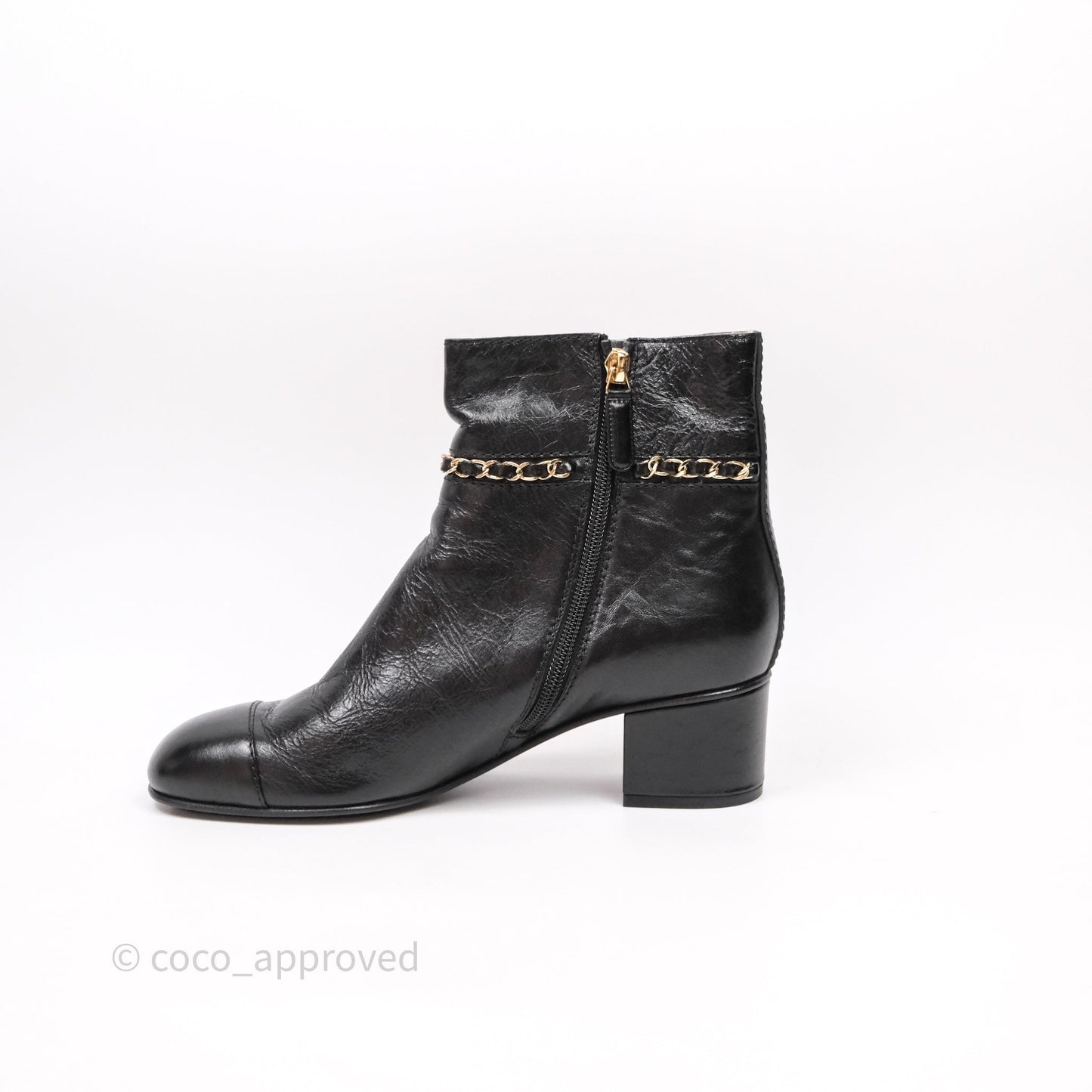 Chanel CC Black Leather Chain Ankle Boots Size 39