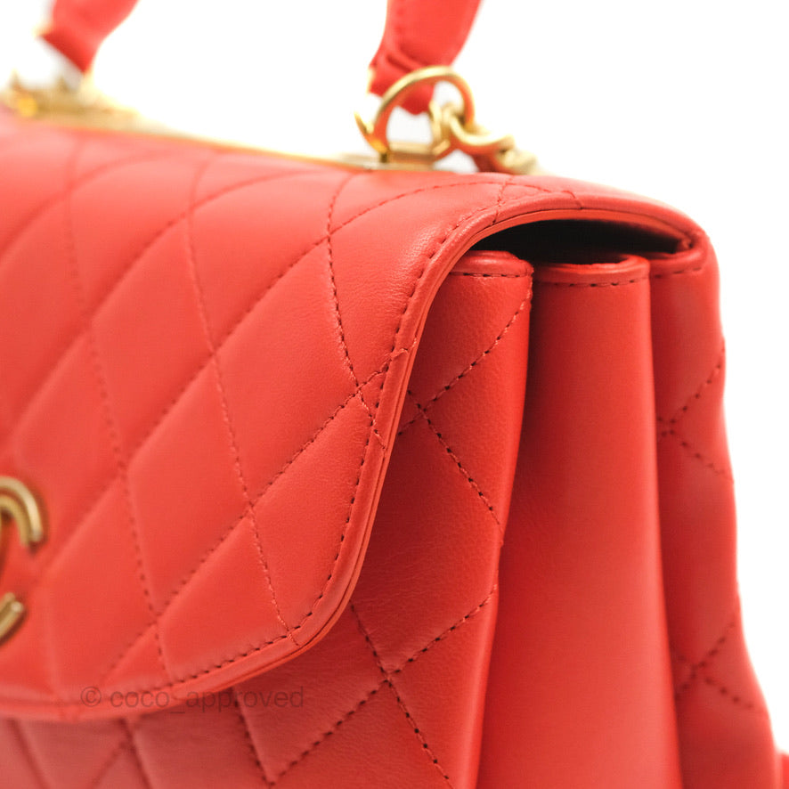 Chanel Top Handle Flap Bag Red Lambskin Aged Gold Hardware