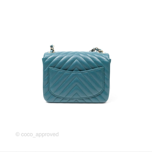 Chanel Mini Square Flap Chevron Teal Caviar Gold Hardware