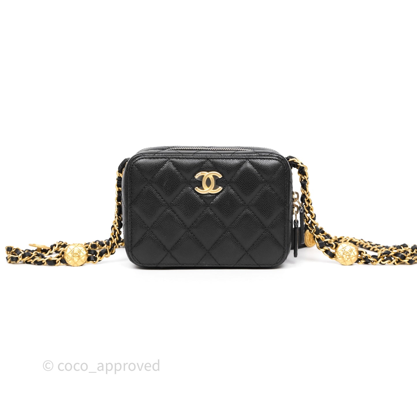 Chanel Quilted CC Coins Purse Chain Camera Case Black Caviar Aged Gold Hardware
