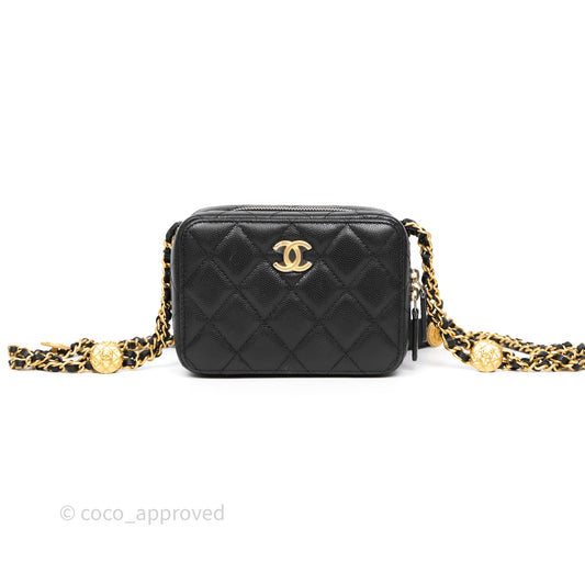 Chanel Quilted CC Coins Purse Chain Camera Case Black Caviar Aged Gold Hardware