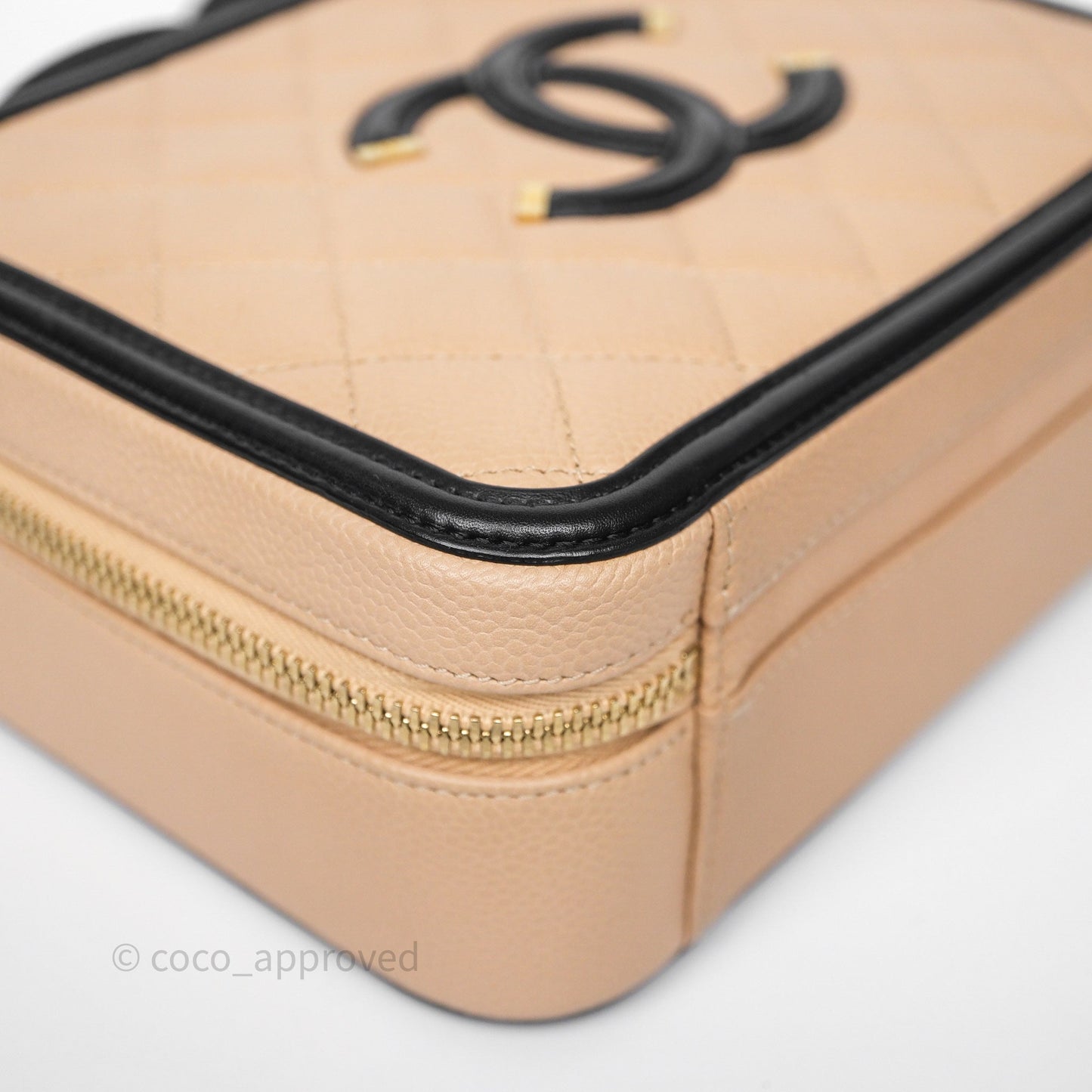 Chanel Quilted Medium CC Filigree Vanity Case Beige Black Caviar Aged Gold Hardware