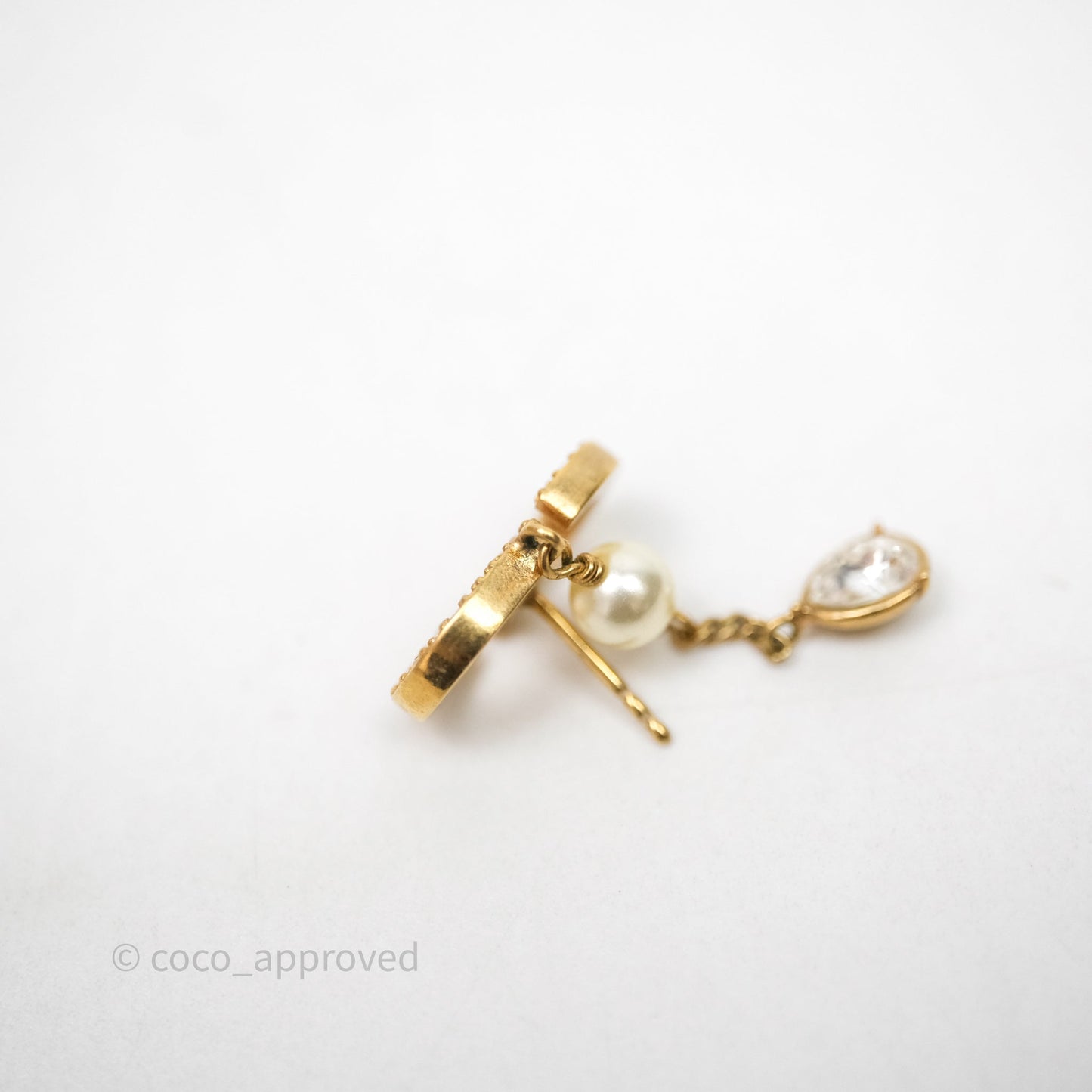 Christian Dior Pearl Crystal CD Drop Earrings Gold Tone