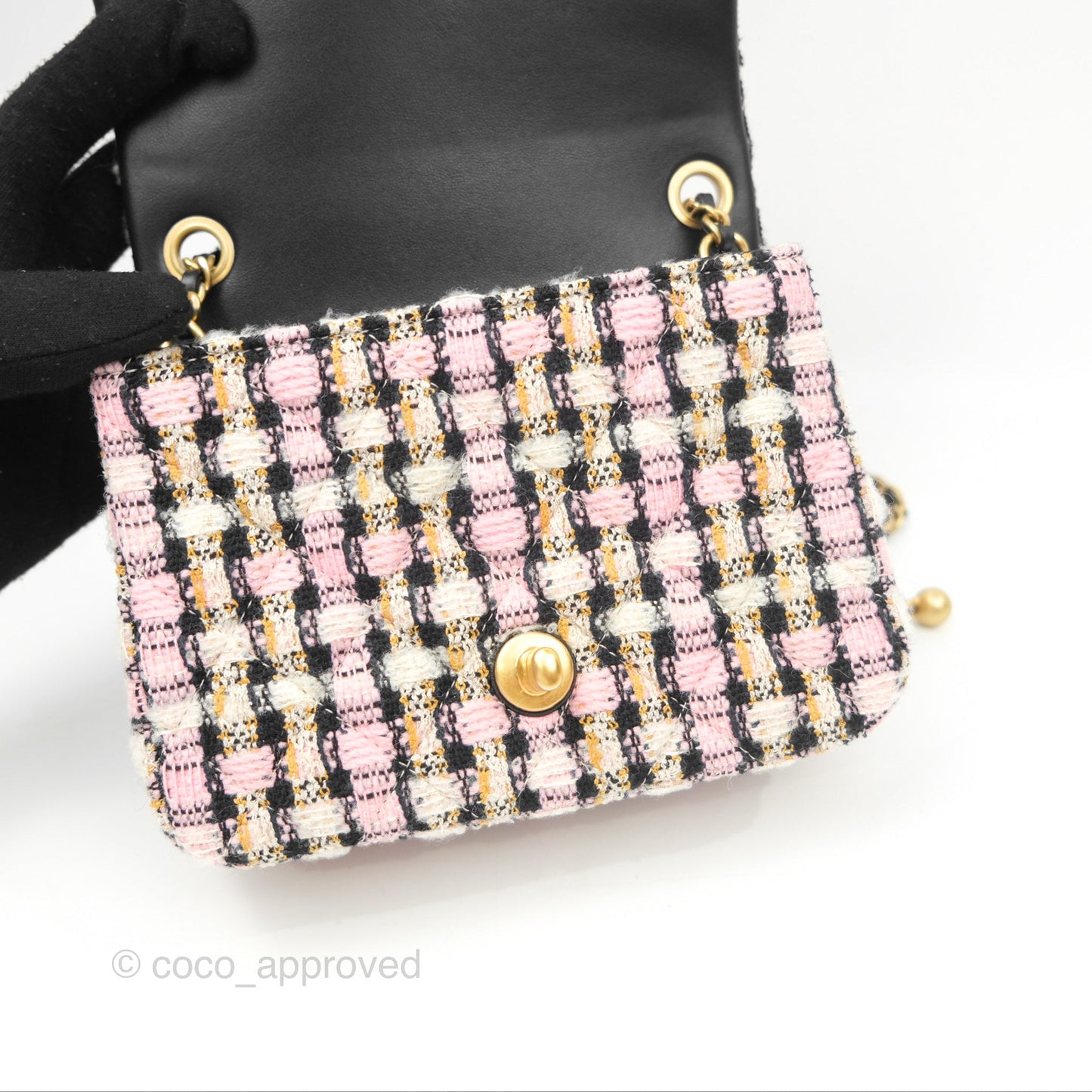 Chanel Pearl Crush Mini Square Quilted Pink Tweed Aged Gold Hardware