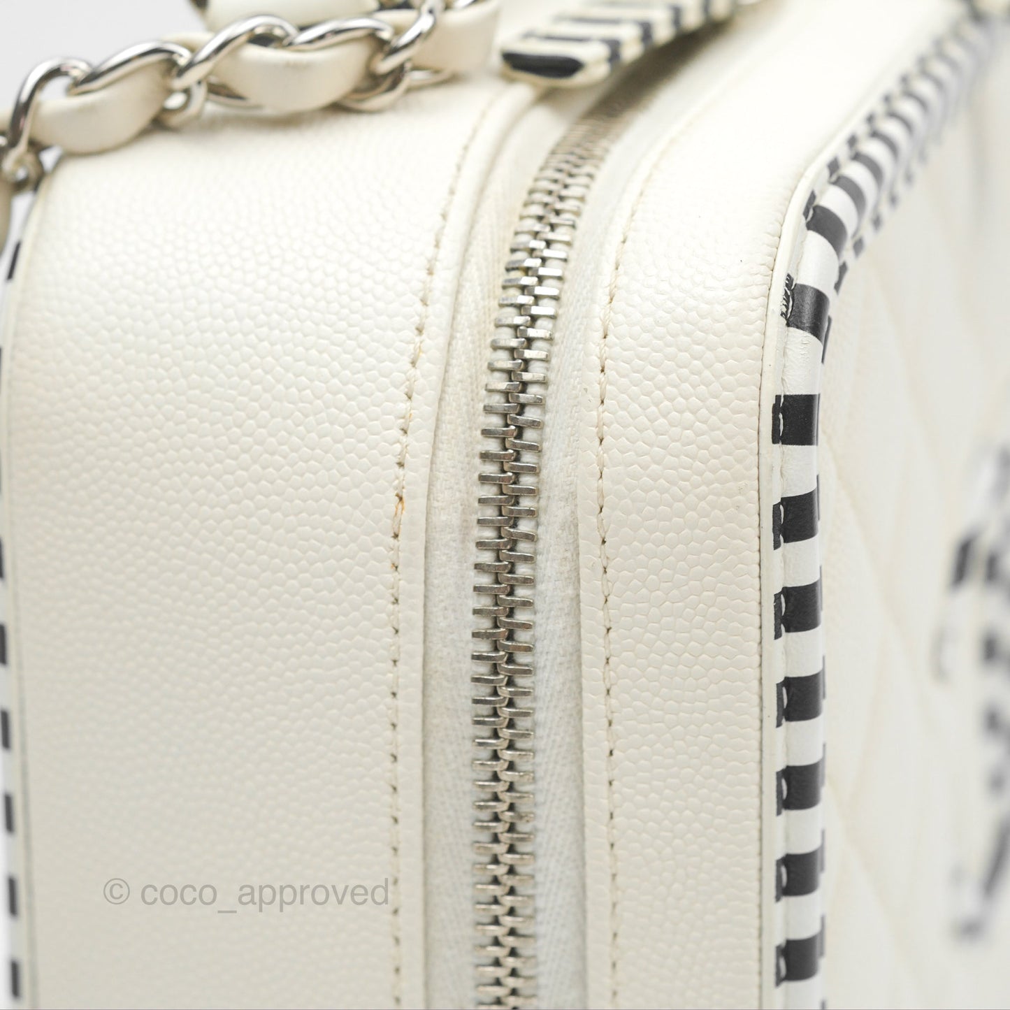 Chanel Quilted Medium CC Filigree Vanity Case White Black Stripe Caviar Silver Hardware