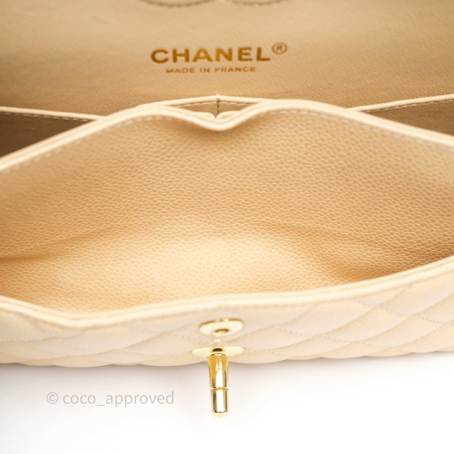 Chanel Small Classic Flap Quilted Beige Caviar Gold Hardware
