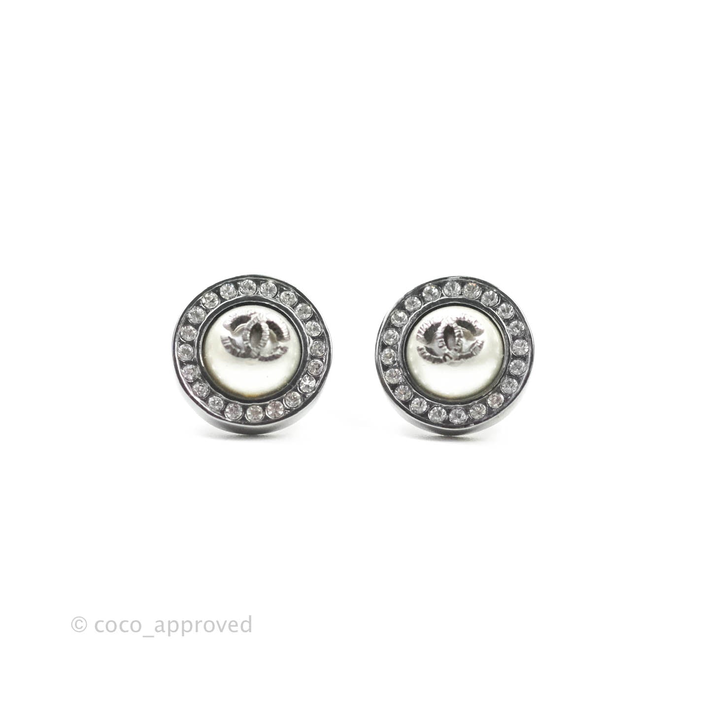 Chanel CC Pearl Crystal Round Earrings Gun Metal 21A
