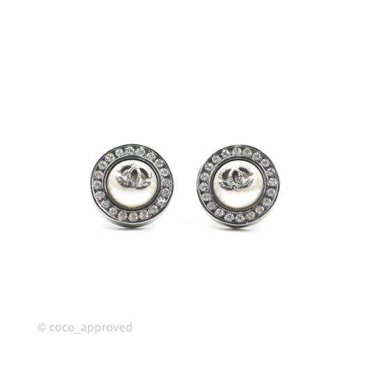 Chanel CC Pearl Crystal Round Earrings Gun Metal 21A