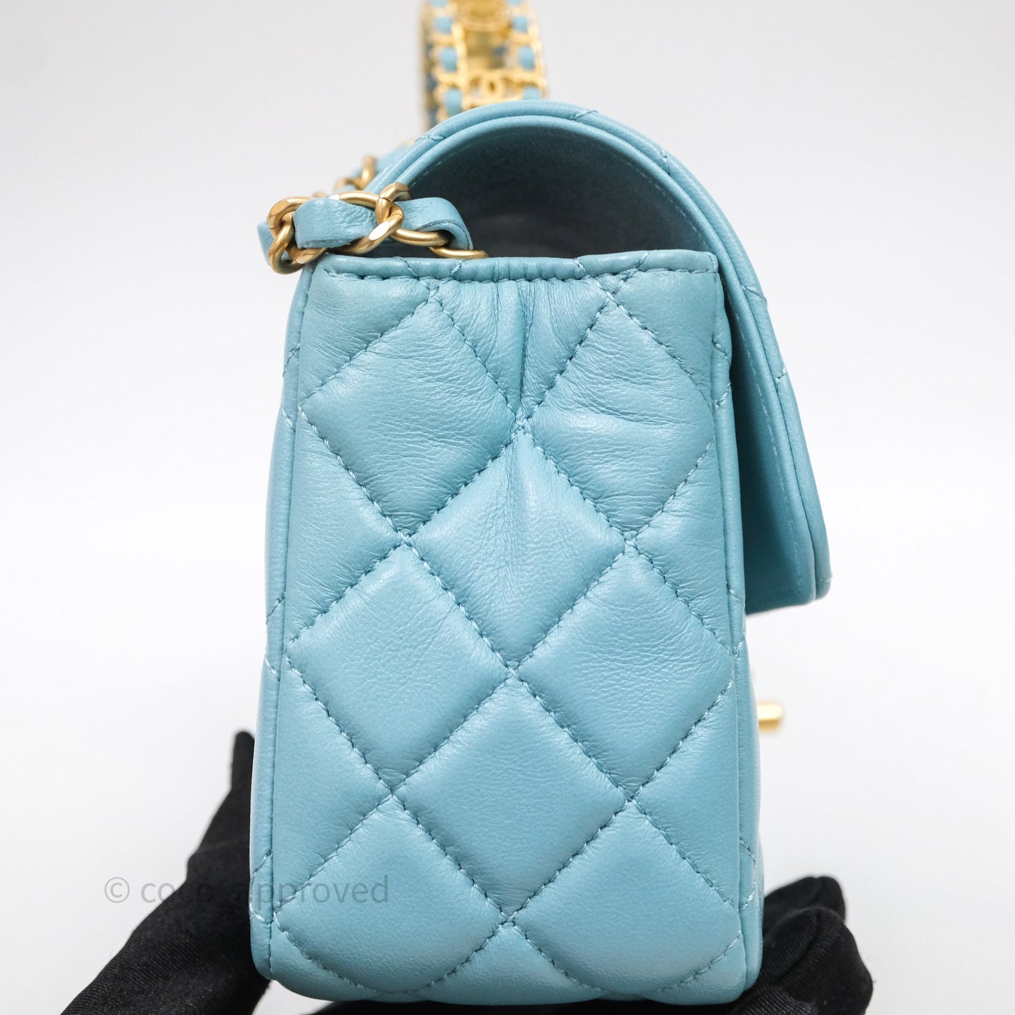 Chanel Flap Bag with Crystal Logo Top Handle Tiffany Blue Lambskin Aged Gold Hardware