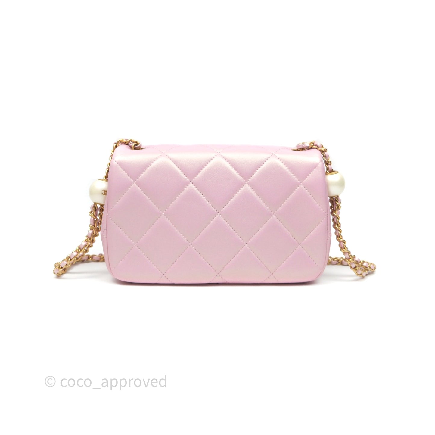 Chanel Mini Flap Bag With Pearl Adjustable Chain Iridescent Pink Lambskin Aged Gold Hardware