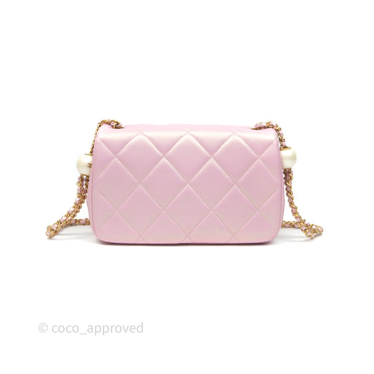 Chanel Mini Flap Bag With Pearl Adjustable Chain Iridescent Pink Lambskin Aged Gold Hardware