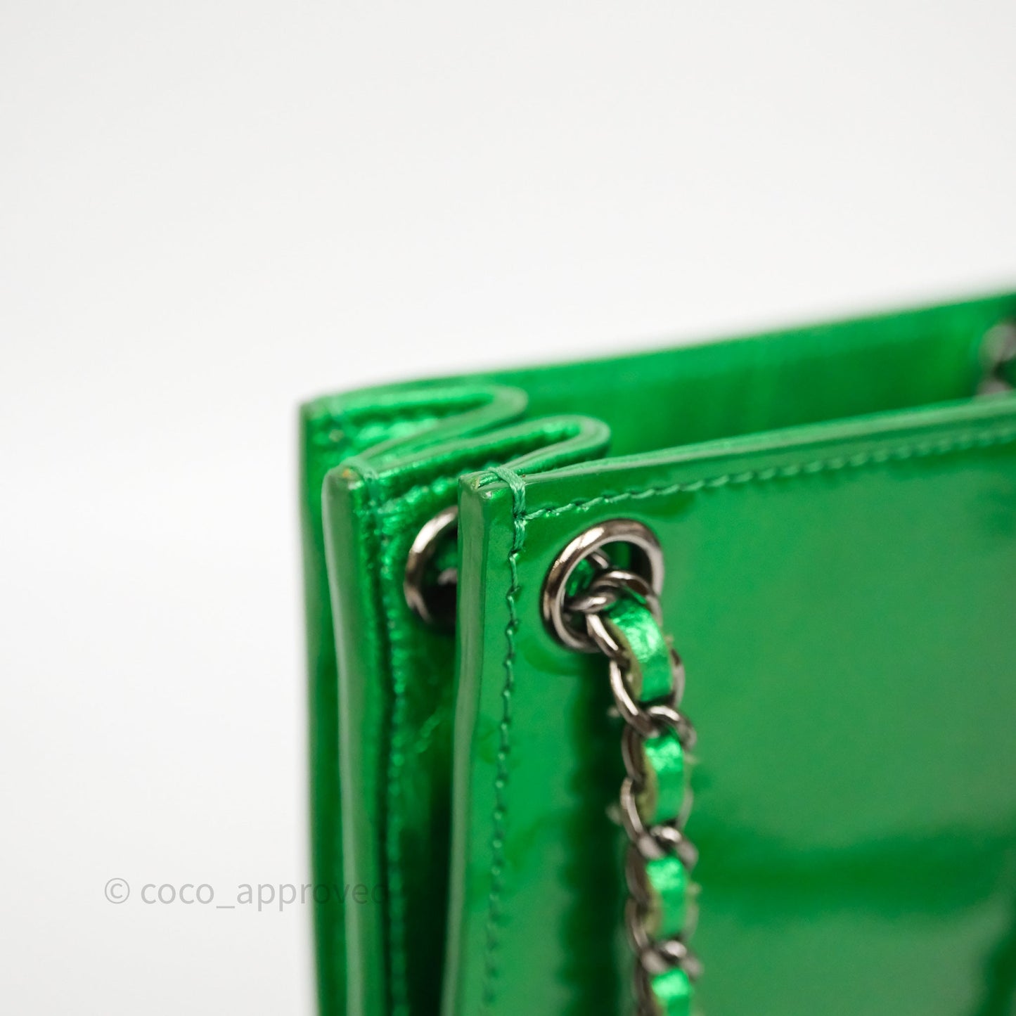 Chanel CC Phone Holder Metallic Green Patent Gun Metal Hardware