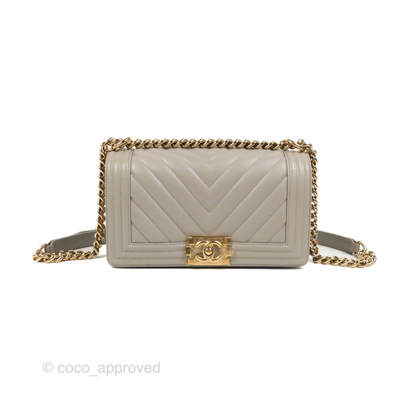 Chanel Medium Boy Chevron Grey Caviar Gold Hardware