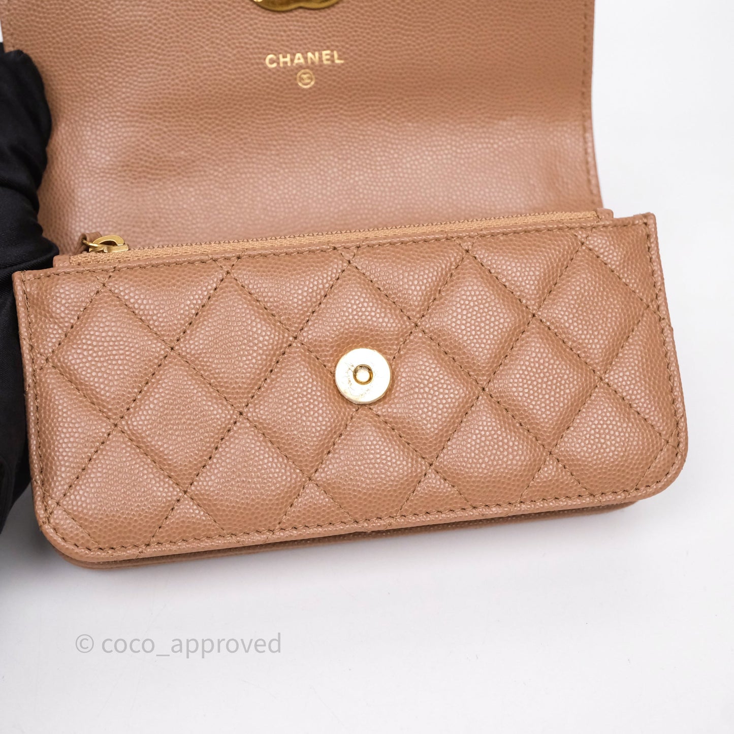 Chanel Coco First Phone Holder Dark Beige Caviar Gold Hardware 22K