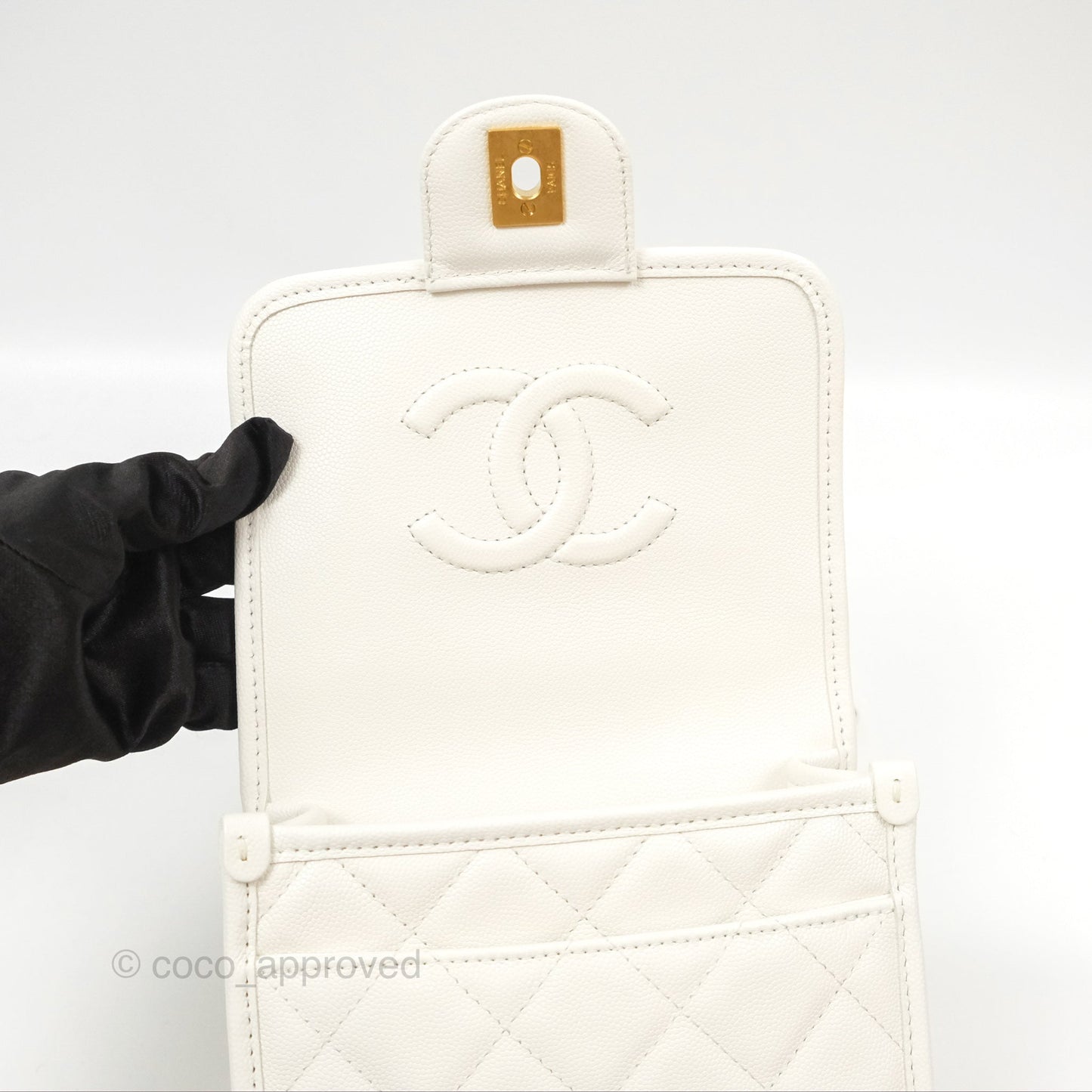 Chanel Mini School Memory Top Handle Flap White Caviar 22K