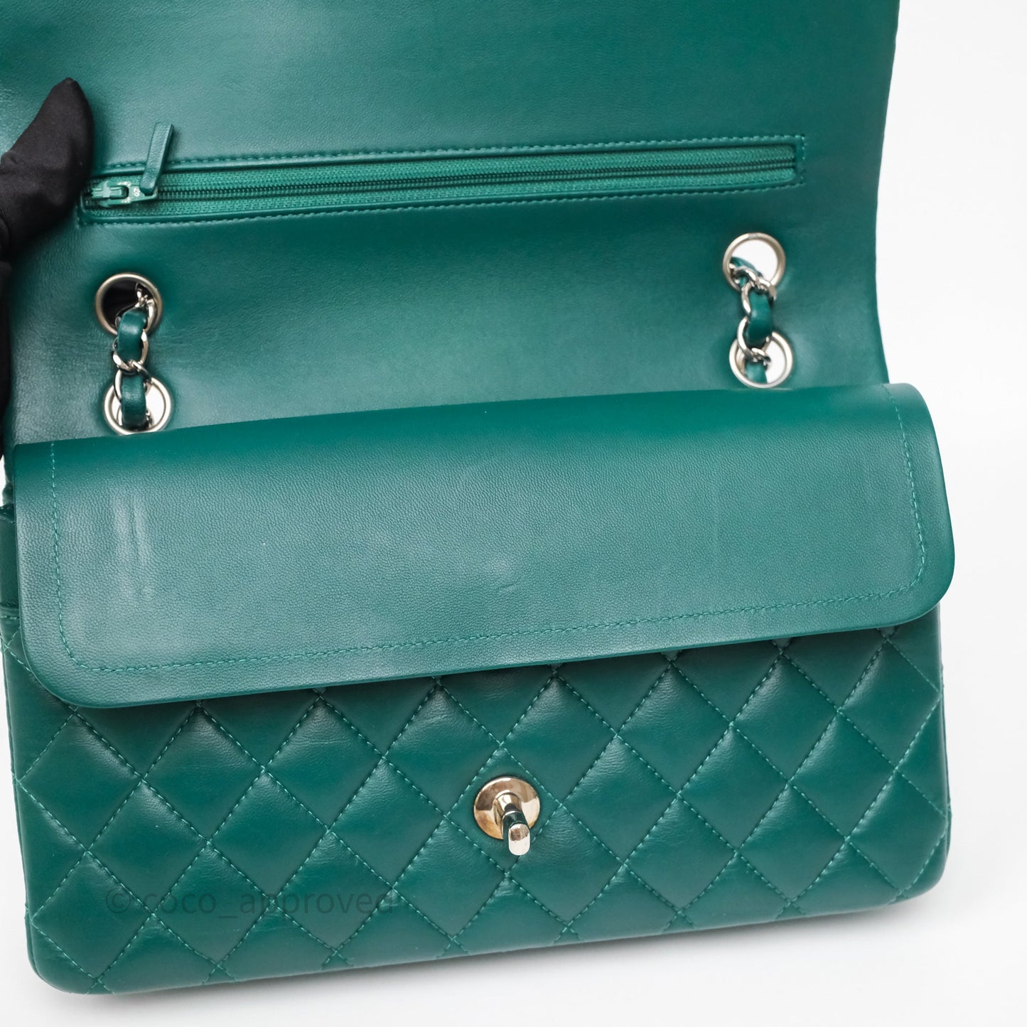 Chanel Medium Classic Flap Quilted Dark Green Lambskin Silver Hardware