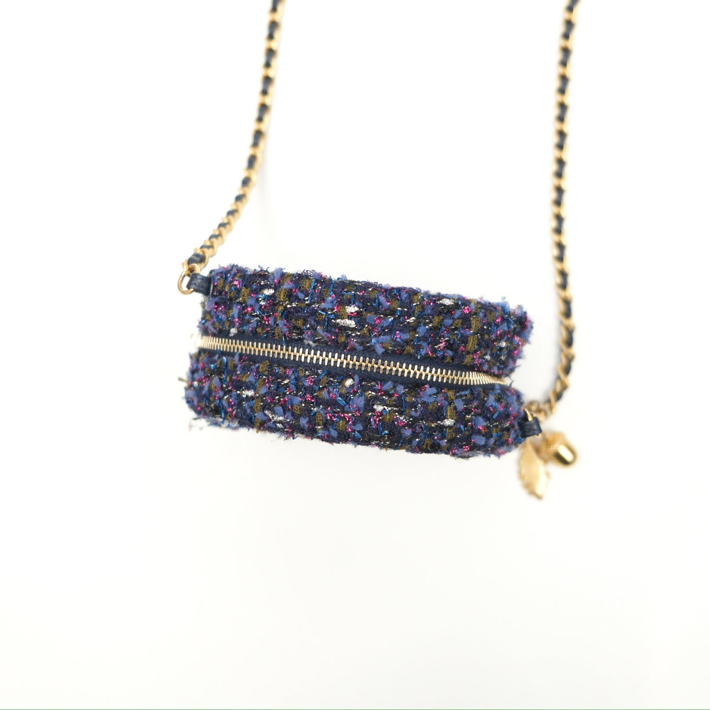 Chanel Classic Quilted Round Clutch With Chain Navy Tweed Gold Hardware