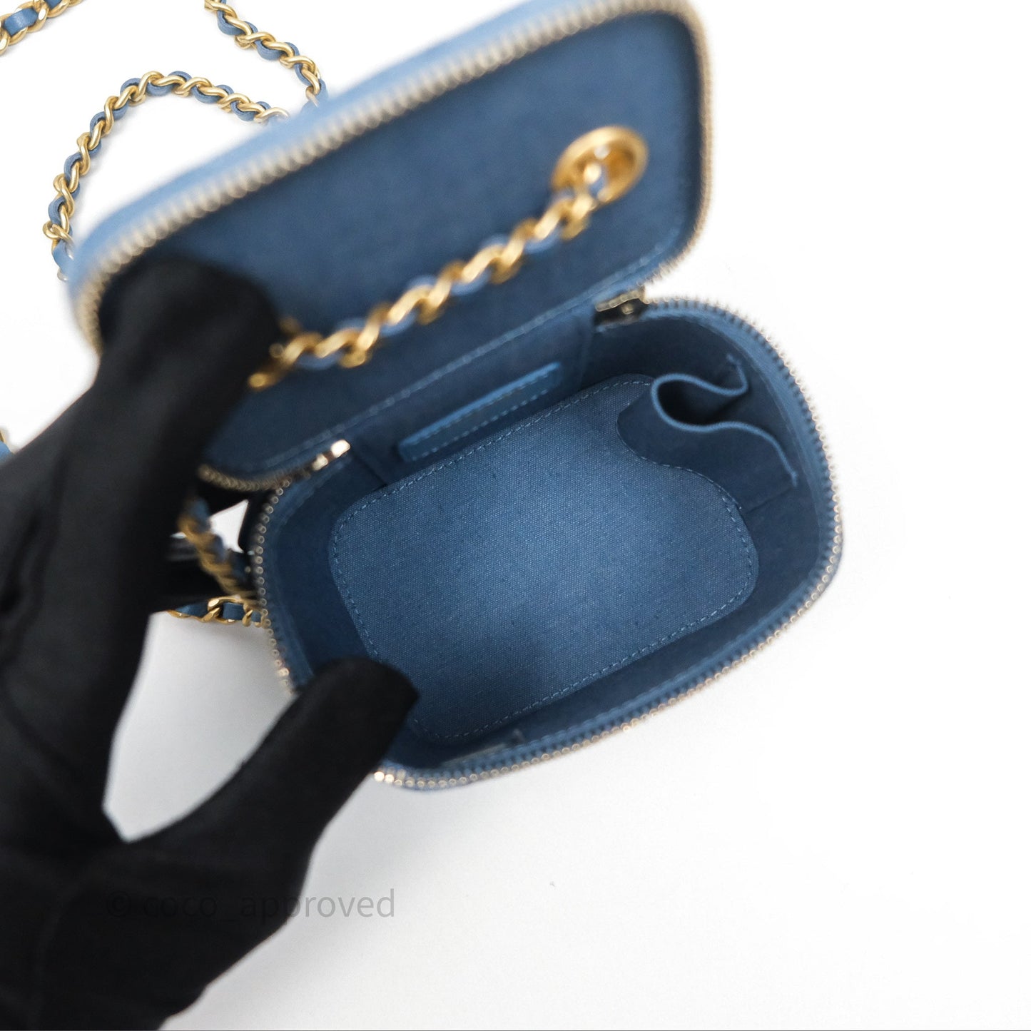 Chanel Mini Pearl Crush Vanity With Chain Denim Aged Gold Hardware