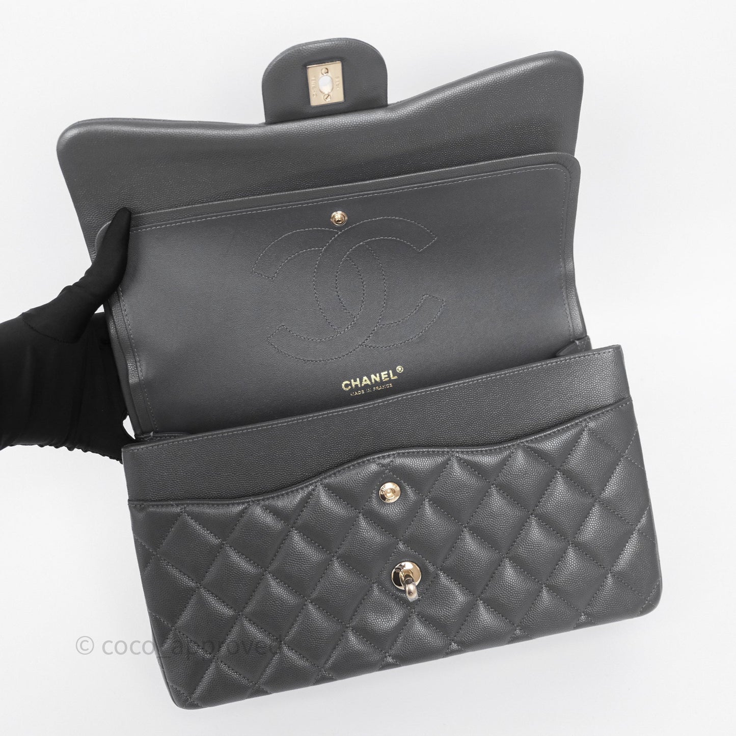 Chanel Jumbo Classic Double Flap Quilted Dark Grey Caviar Gold Hardware⁣⁣