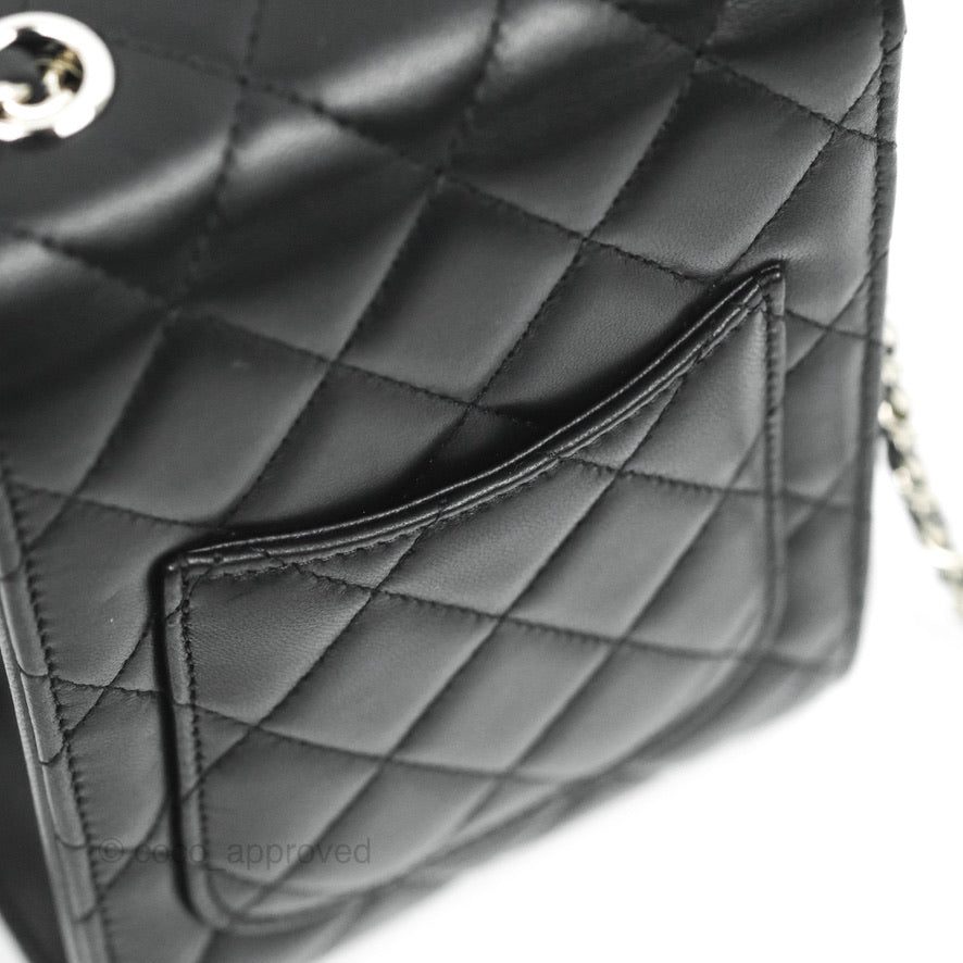 Chanel Classic Quilted Phone Holder Black Lambskin Silver Hardware