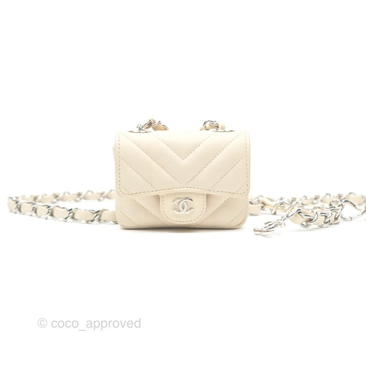 Chanel Mini Card Holder Chain Belt Bag Chevron Ivory Calfskin Silver Hardware