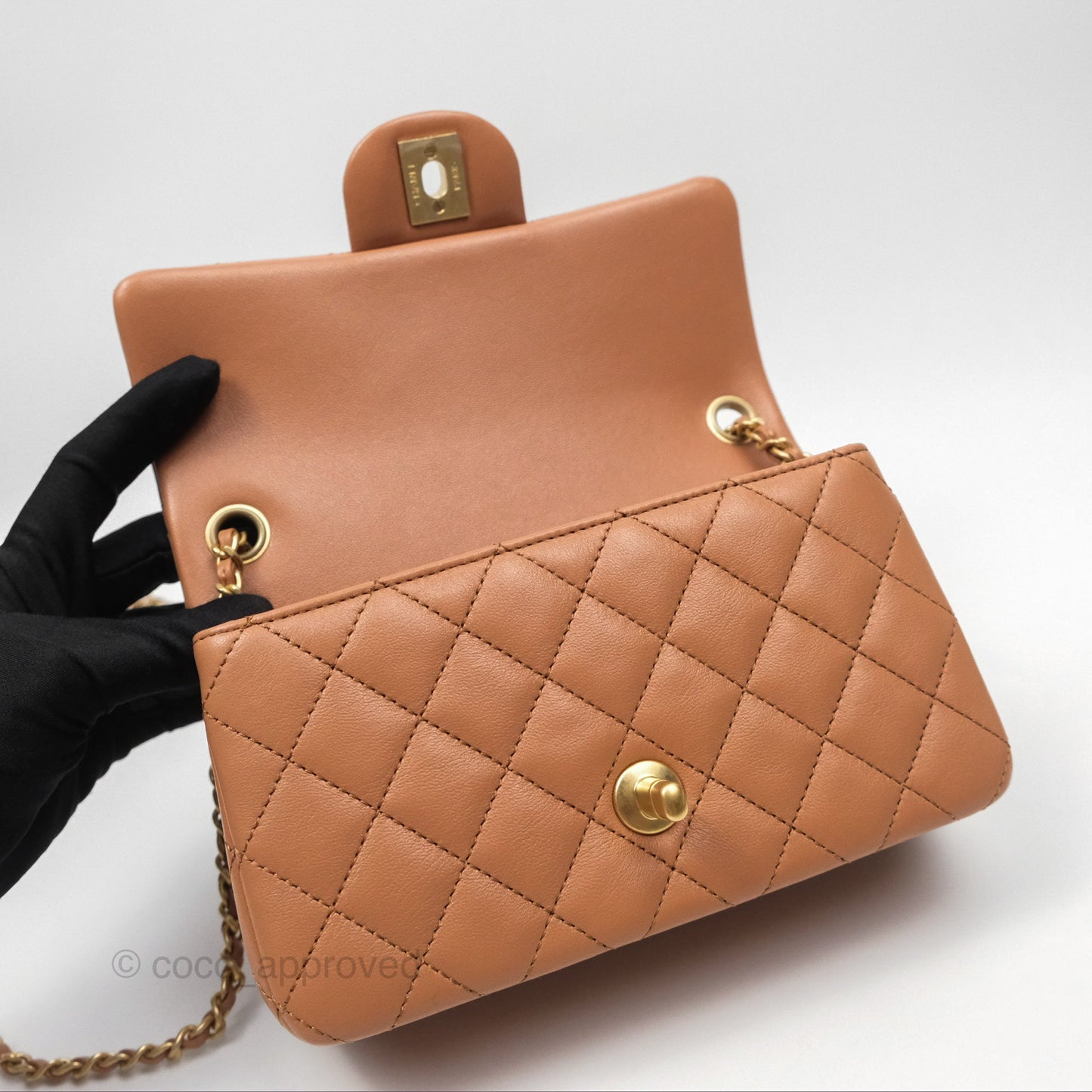 Chanel Mini Rectangular Pearl Crush Caramel Dark Beige Lambskin Aged Gold Hardware
