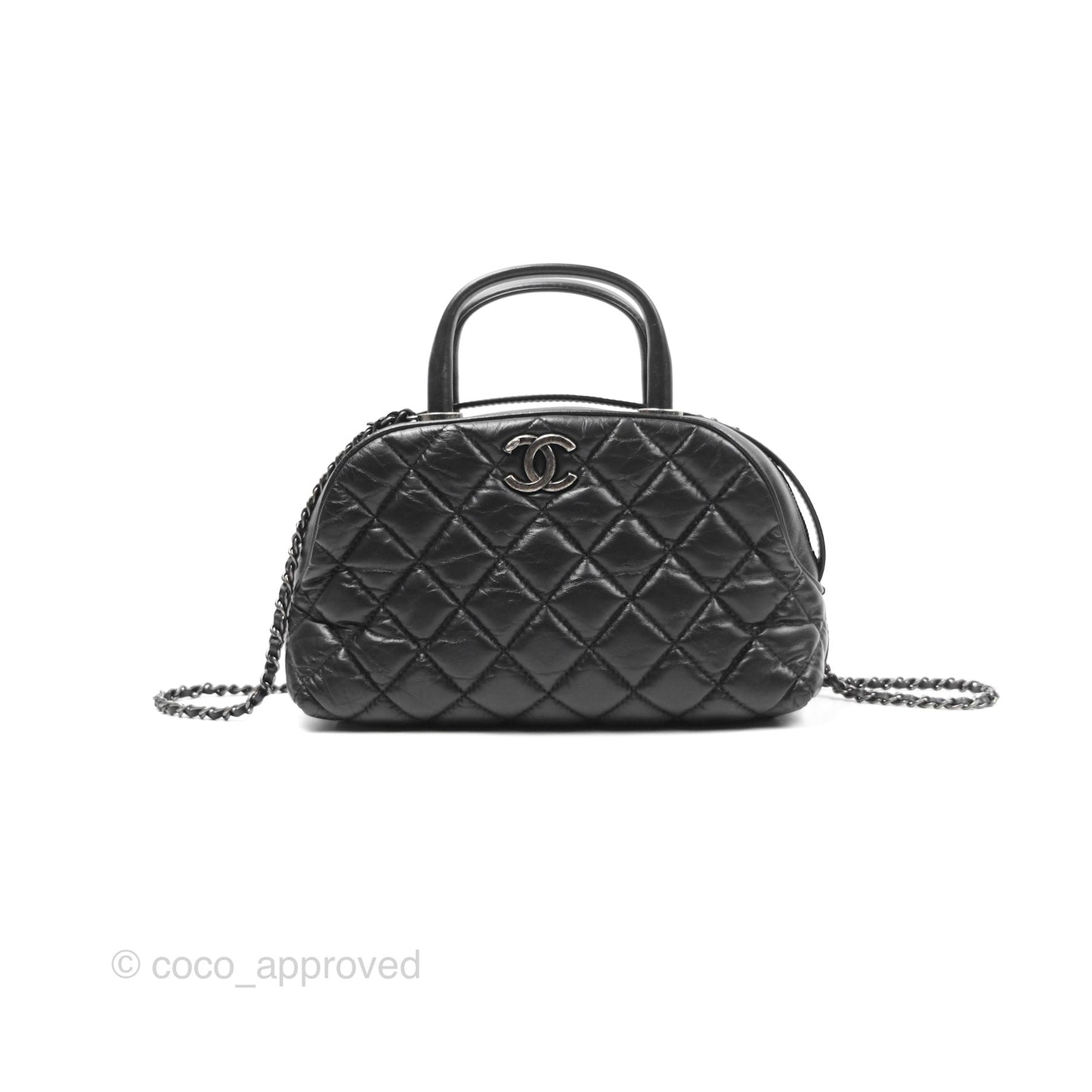 Chanel Quilted Small Handle Bowling Bag Black Aged Calfskin Ruthenium Hardware