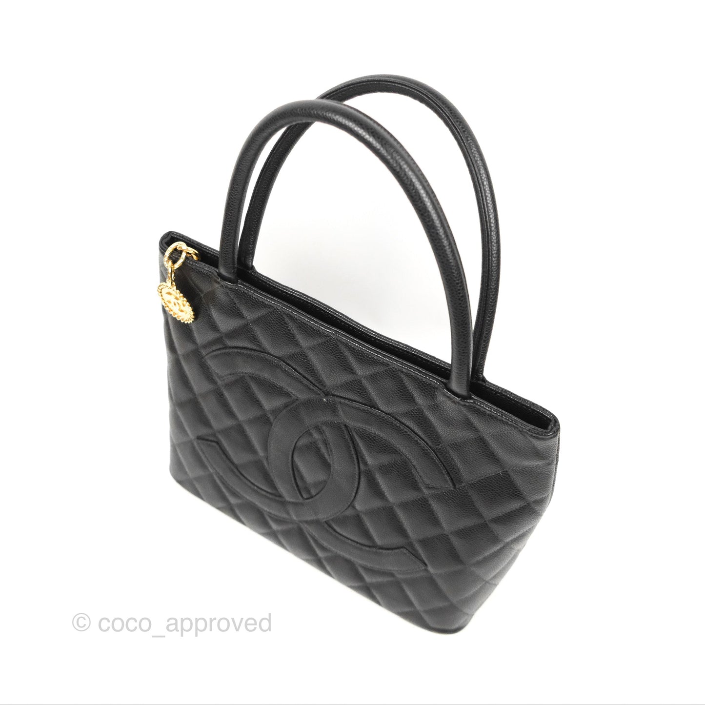 Chanel Vintage Medallion CC Black Caviar Tote Bag Gold Hardware