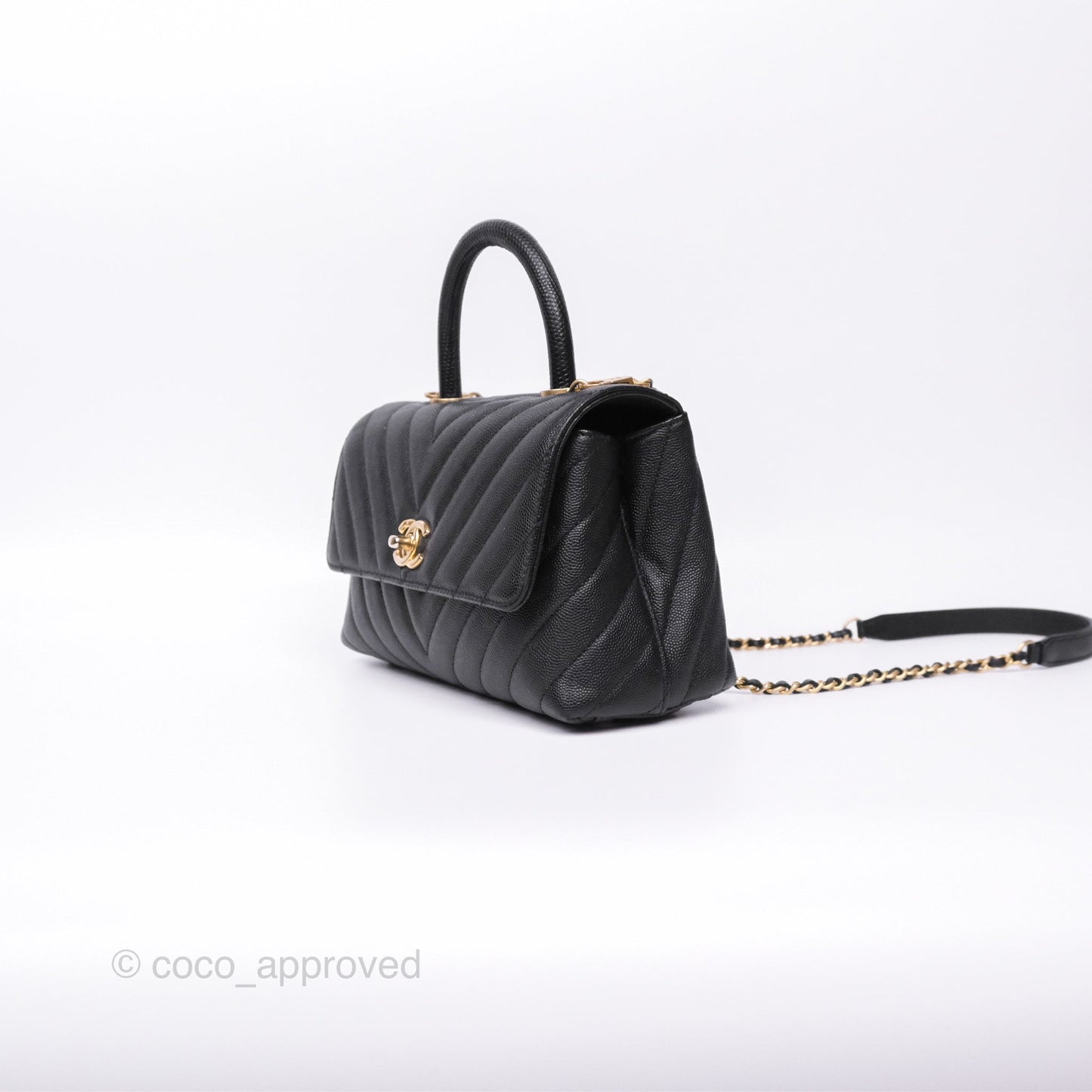 Chanel Small Coco Handle Chevron Black Caviar Aged Gold Hardware Lizard Handle