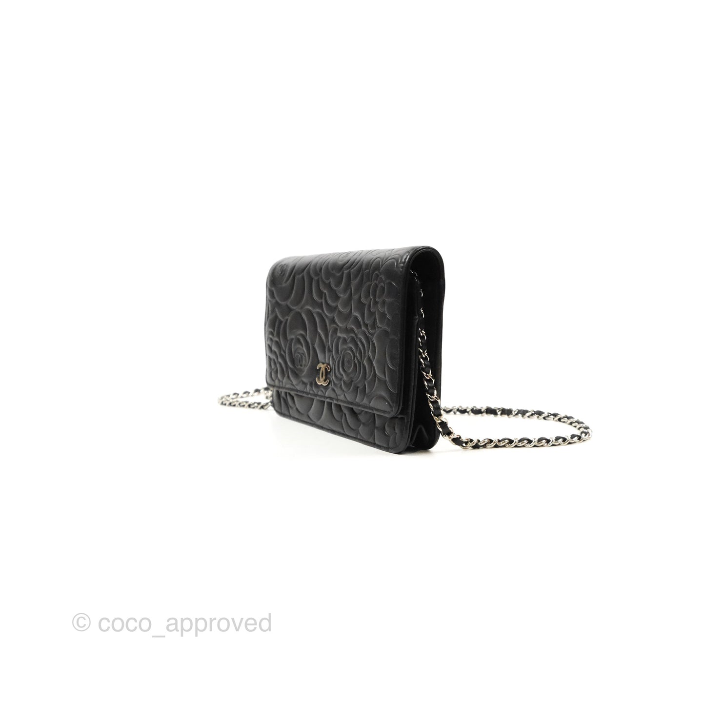 Chanel Camellia Embossed Wallet on Chain WOC Black Lambskin Silver Hardware