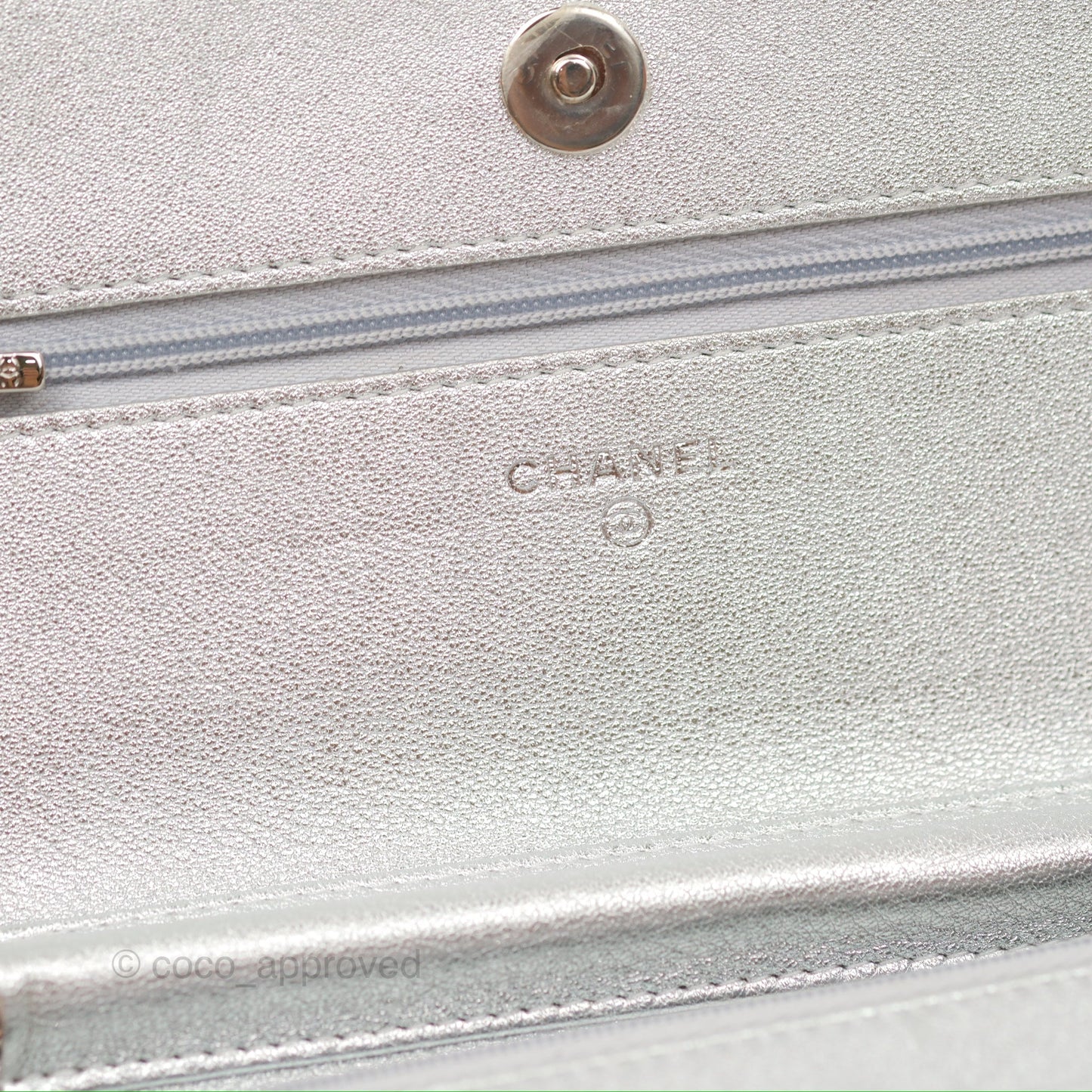 Chanel Quilted Wallet on Chain WOC Iridescent Silver Grained Lambskin Silver Hardware
