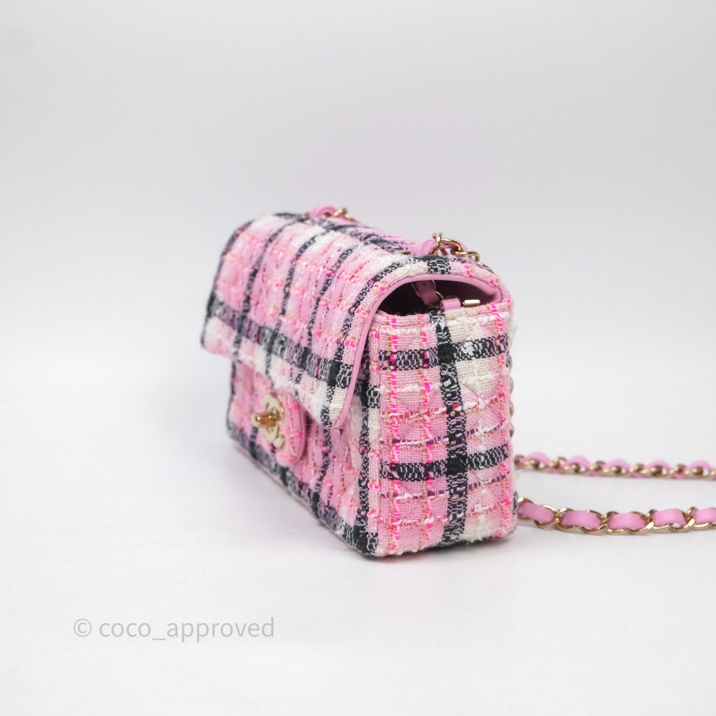 Chanel Quilted Mini Rectangular Flap Pink Tweed Gold Hardware