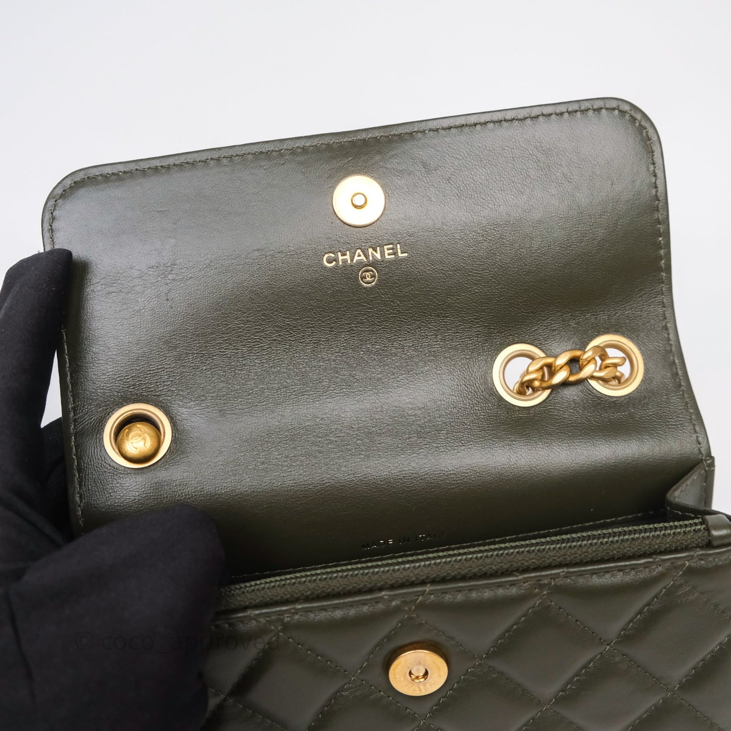 Chanel All Slide Adjustable Chain Phone Holder WOC Olive Green Lambskin