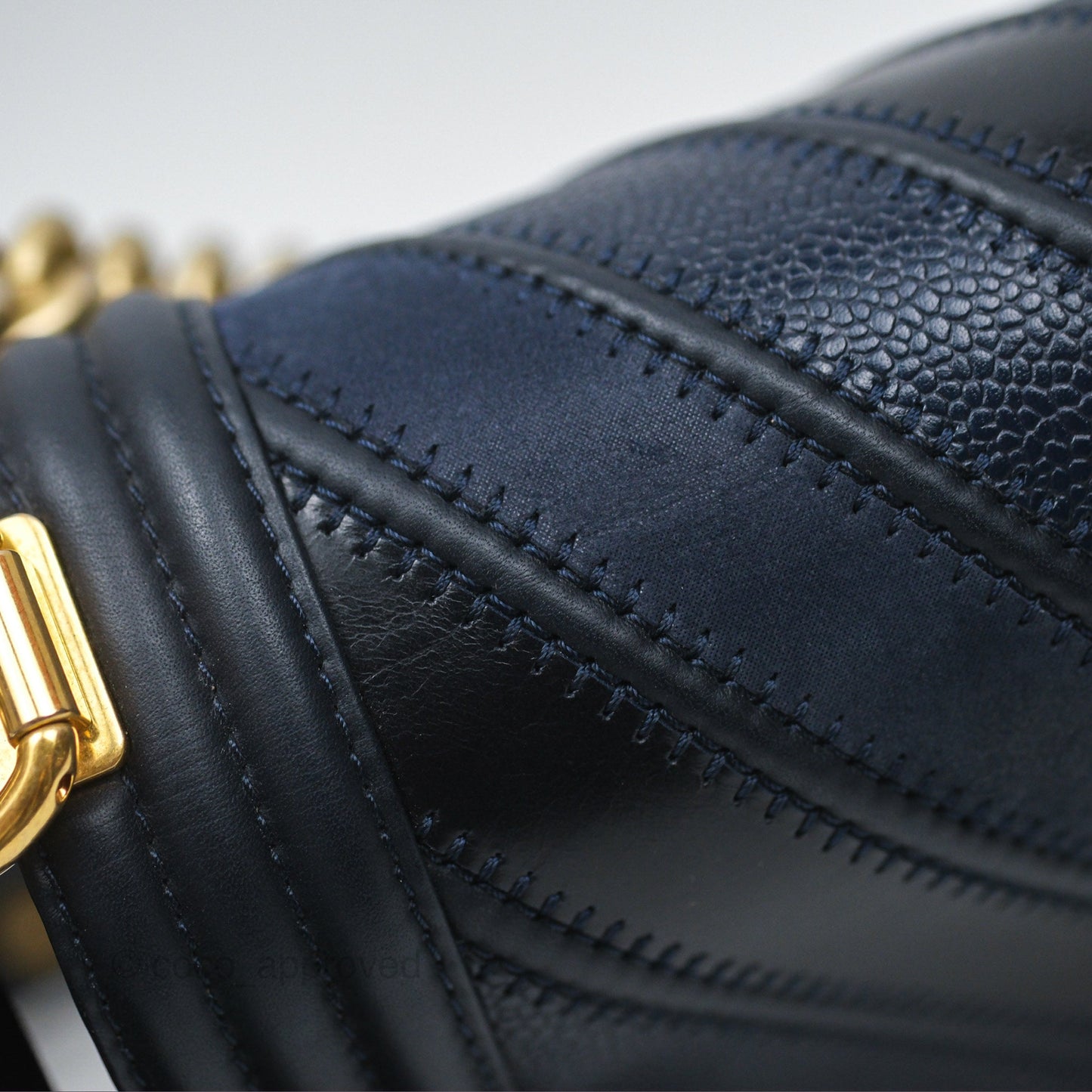 Chanel Medium Boy Chevron Navy Caviar/ Calfskin/ Suede Aged Gold Hardware