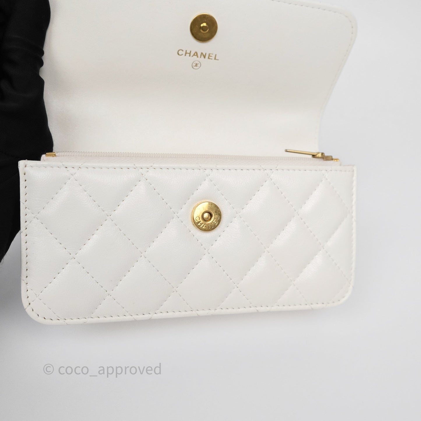 Chanel Dynasty Phone Holder with Chain White Ivory Lambskin Aged Gold Hardware