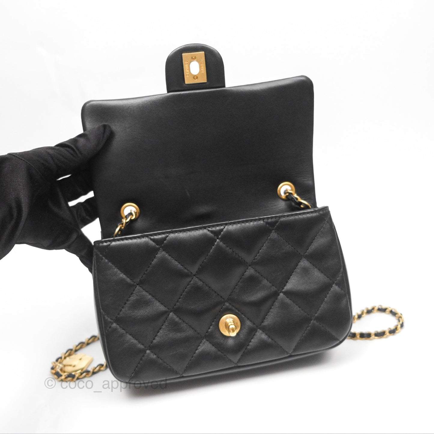 Chanel Mini Flap Bag With Heart CC Charm Black Lambskin Aged Gold Hardware