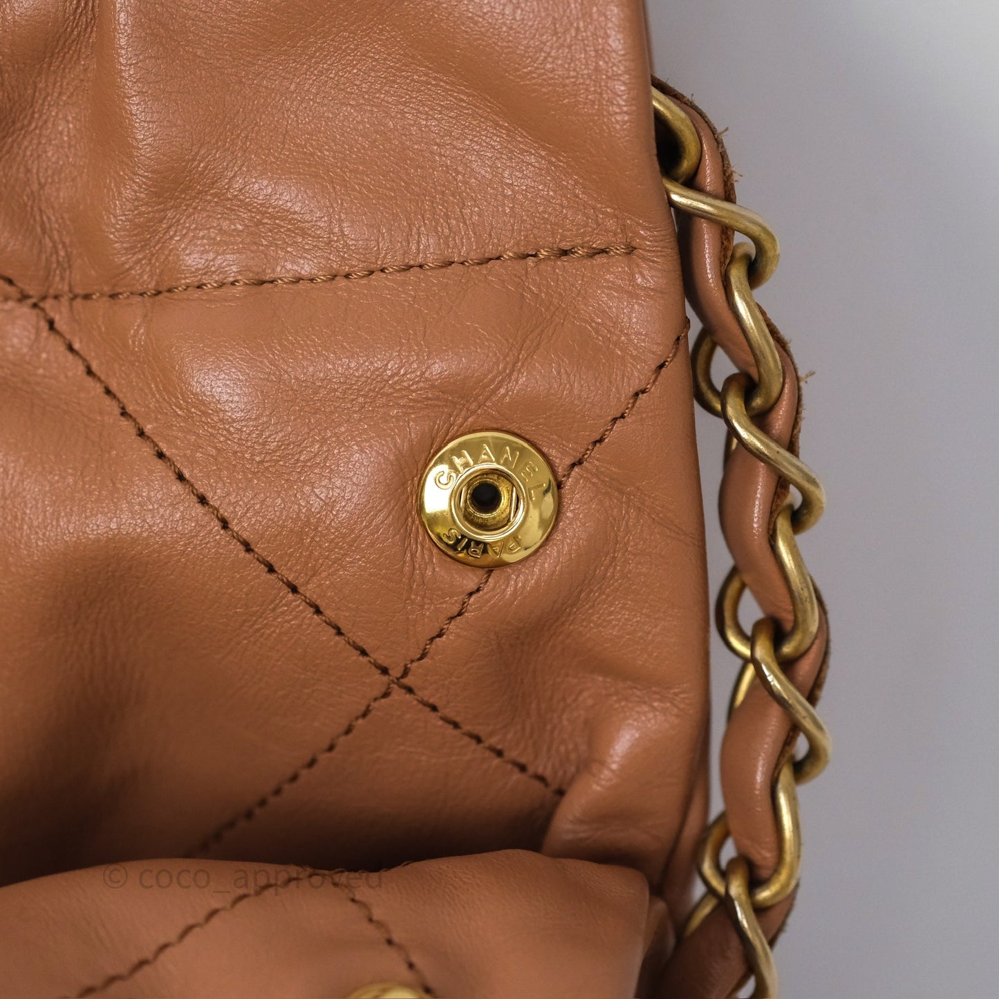 Chanel 22 Small Caramel Beige Shiny Calfskin Aged Gold Hardware