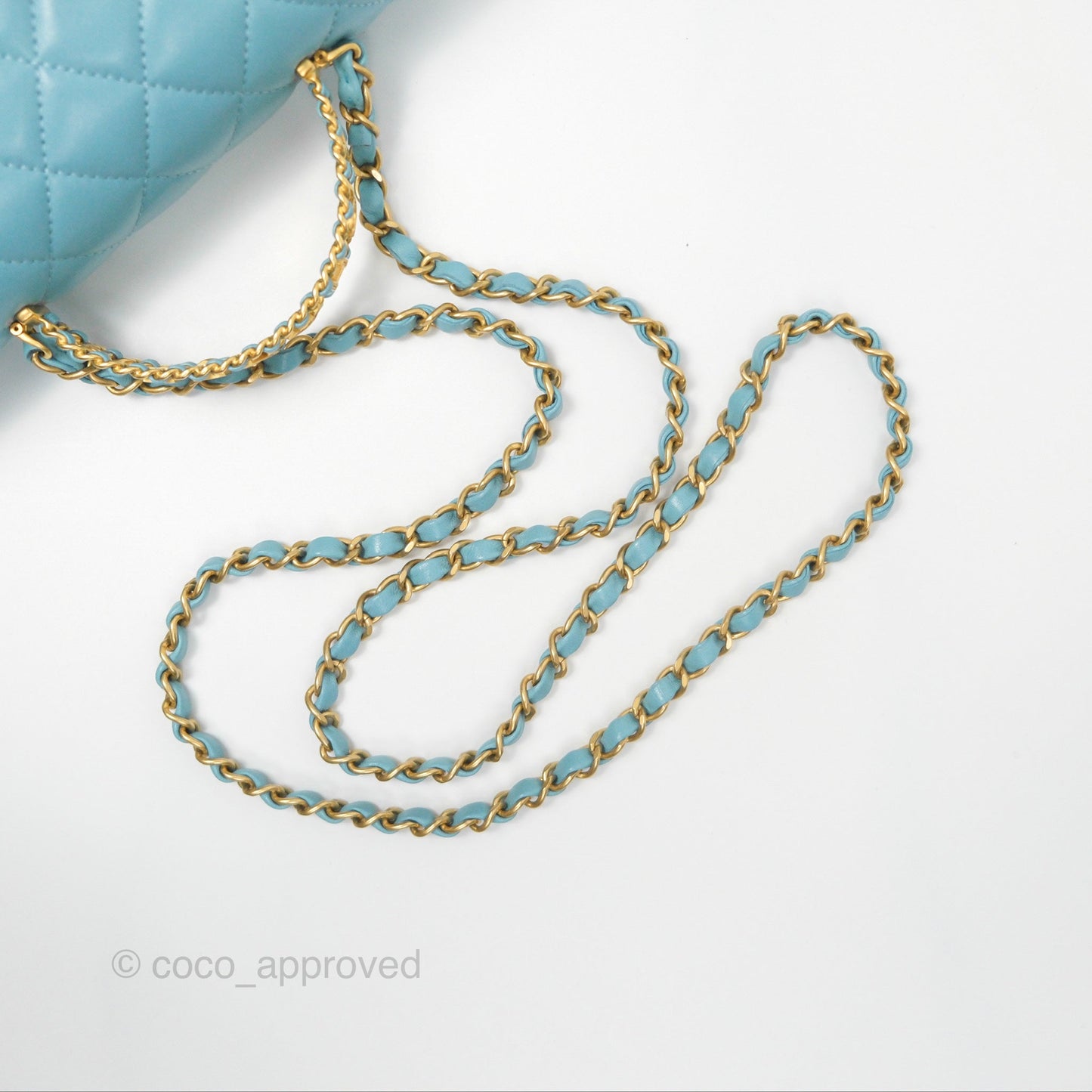 Chanel Flap Bag with Crystal Logo Top Handle Tiffany Blue Lambskin Aged Gold Hardware