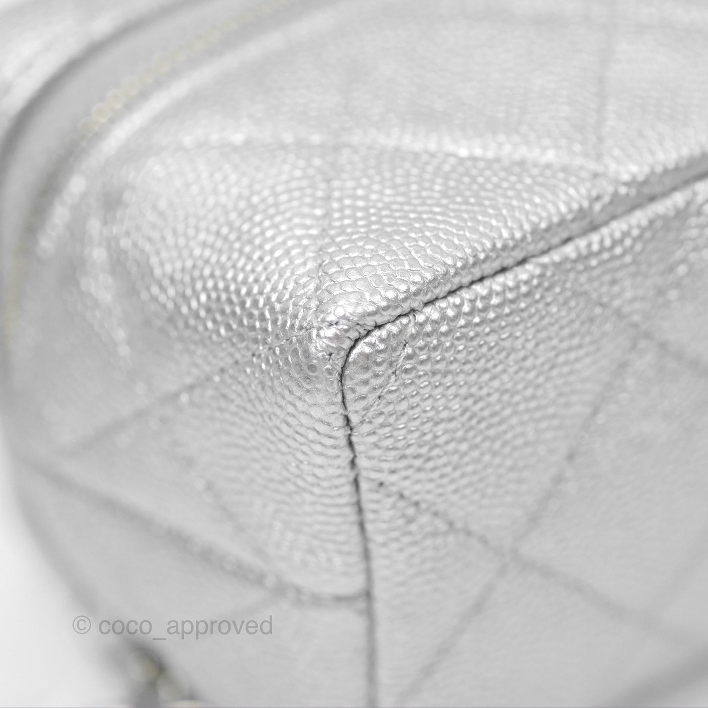 Chanel Quilted Mini Top Handle Vanity With Chain Metallic Silver Caviar Silver Hardware