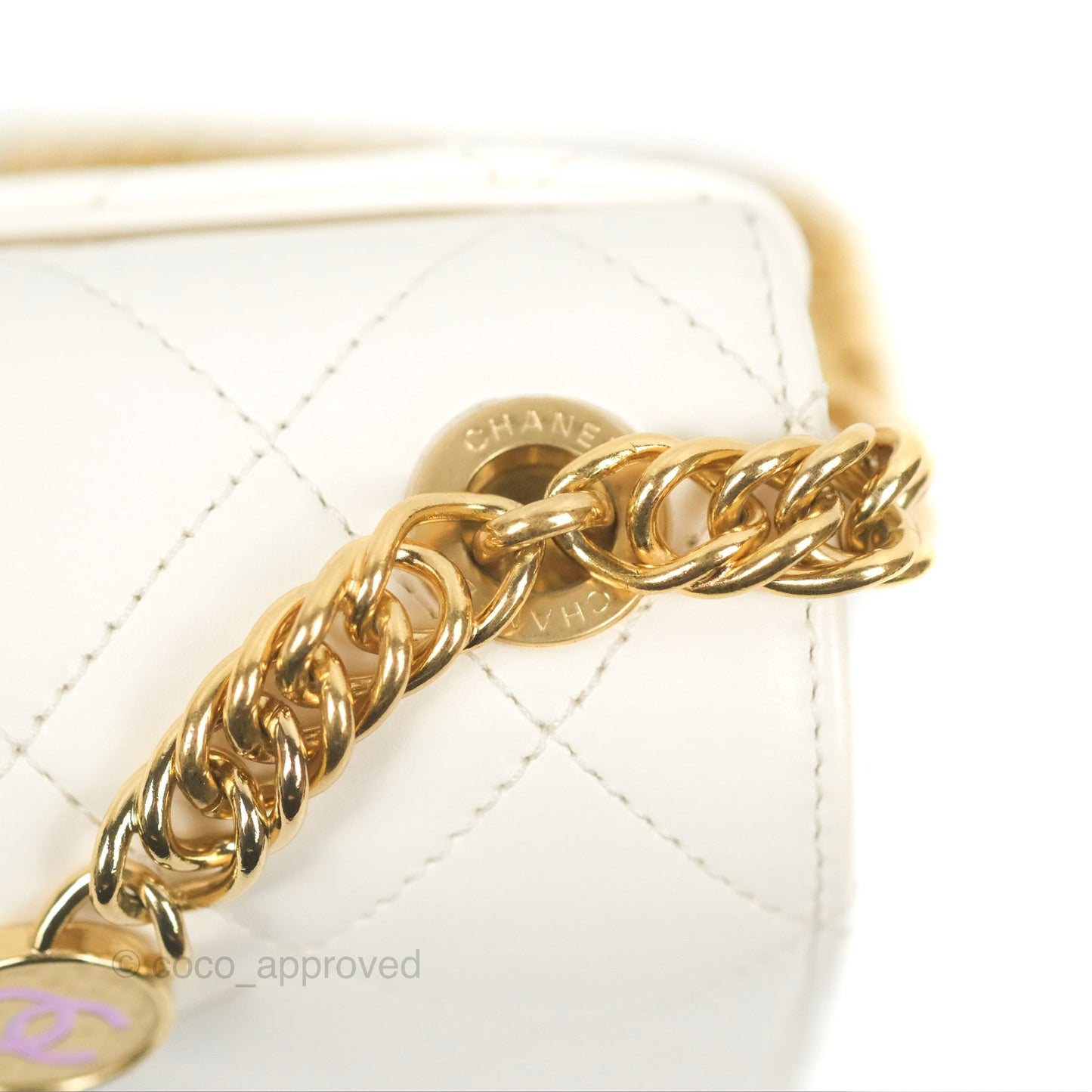 Chanel Mini Flap Bag with Enamel Charm Chain White Lambskin Gold Hardware